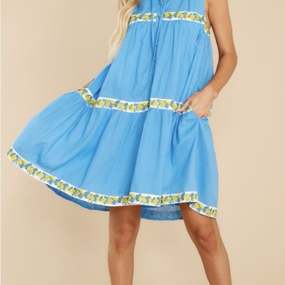 olivia james Sky Blue Tiered Sundress with Lemon Border